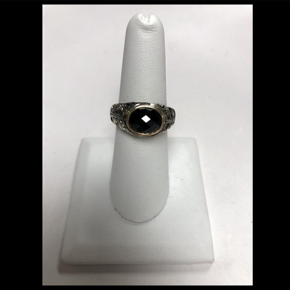 Signed Charles Krypell 18k Yellow Gold & 925 Sterling Silver Onyx Ring Size 7
